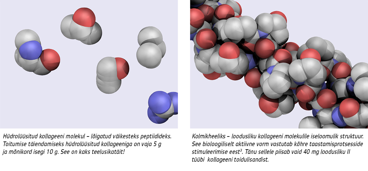 Natural Pharmaceuticals Movisan Hüdrolüüsitud ja kolmikheeliks kollageeni molekulide 3D struktuurid, mis toetavad liigesekõhre taastumist.