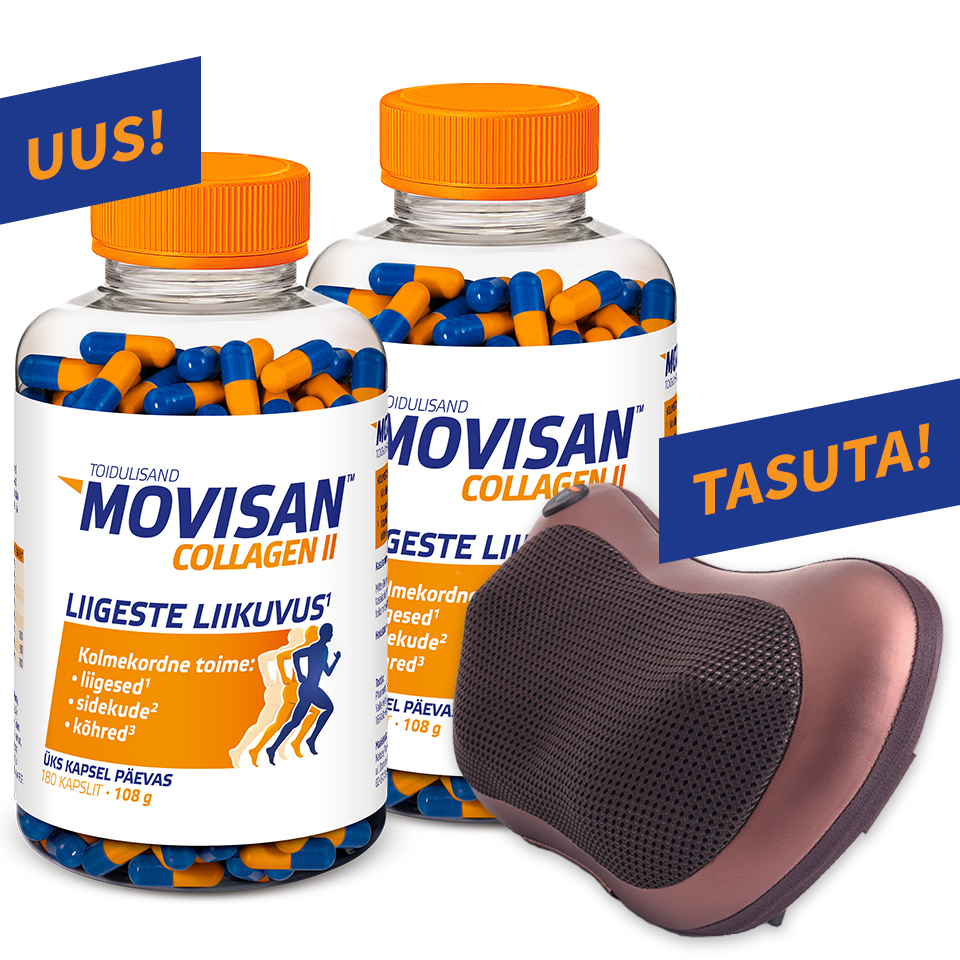 Natural Pharmaceuticals Movisan Kaks pudelit toidulisandit Movisan™ Collagen II oranži-siniste kapslitega ja oranži korgiga, mille kõrval on bordoo-must elektriline massaažipadi. Graafikal on sinise-oranžid bännerid kirjaga „UUS!” ja „TASUTA!”.