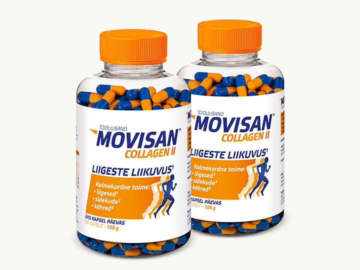 Natural Pharmaceuticals Movisan Kaks pudelit toidulisandit Movisan™ Collagen II oranži-siniste kapslitega ja oranži korgiga, mille kõrval on bordoo-must elektriline massaažipadi. Graafikal on sinise-oranžid bännerid kirjaga „UUS!” ja „TASUTA!”.