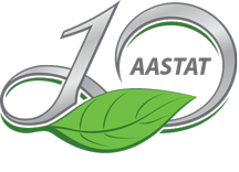 Natural Pharmaceuticals Movisan Logo, millel on metallikstiilis number 10, roheline leht ja kiri „AASTAT”. See sümboliseerib ettevõtte 10-aastast tegevust ja rõhutab brändi ökoloogilist iseloomu.