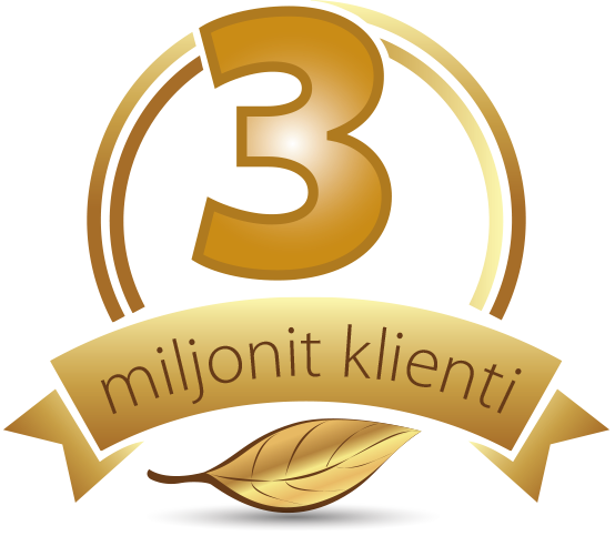 Natural Pharmaceuticals Movisan Kuldne embleem suure numbriga 3, kirjaga „miljonit klienti” lindil ja dekoratiivse lehega, mis sümboliseerib kolme miljonit klienti.