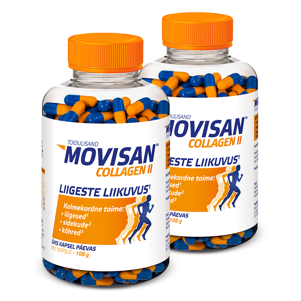 Natural Pharmaceuticals Movisan Kaks plastpudelit toidulisandit MOVISAN Collagen II oranžide korgiga, mis sisaldavad sinise-oranže kapsleid. Etiketil on teave preparaadi toime kohta liigestele, sidekudedele ja kõhrele.