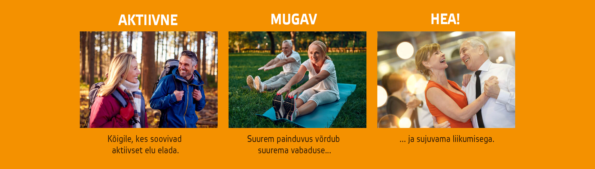 Natural Pharmaceuticals Movisan Kolm fotot, millel on kujutatud aktiivsed eakad koos loosungitega: „AKTIIVNE” – paar jalutamas metsas; „MUGAV” – paar harjutamas pargis mattidel; „HEA!” – tantsiv paar. Tekstid rõhutavad liikumise eeliseid: aktiivsus, paindlikkus, mugavus ja vaba liikumine.
